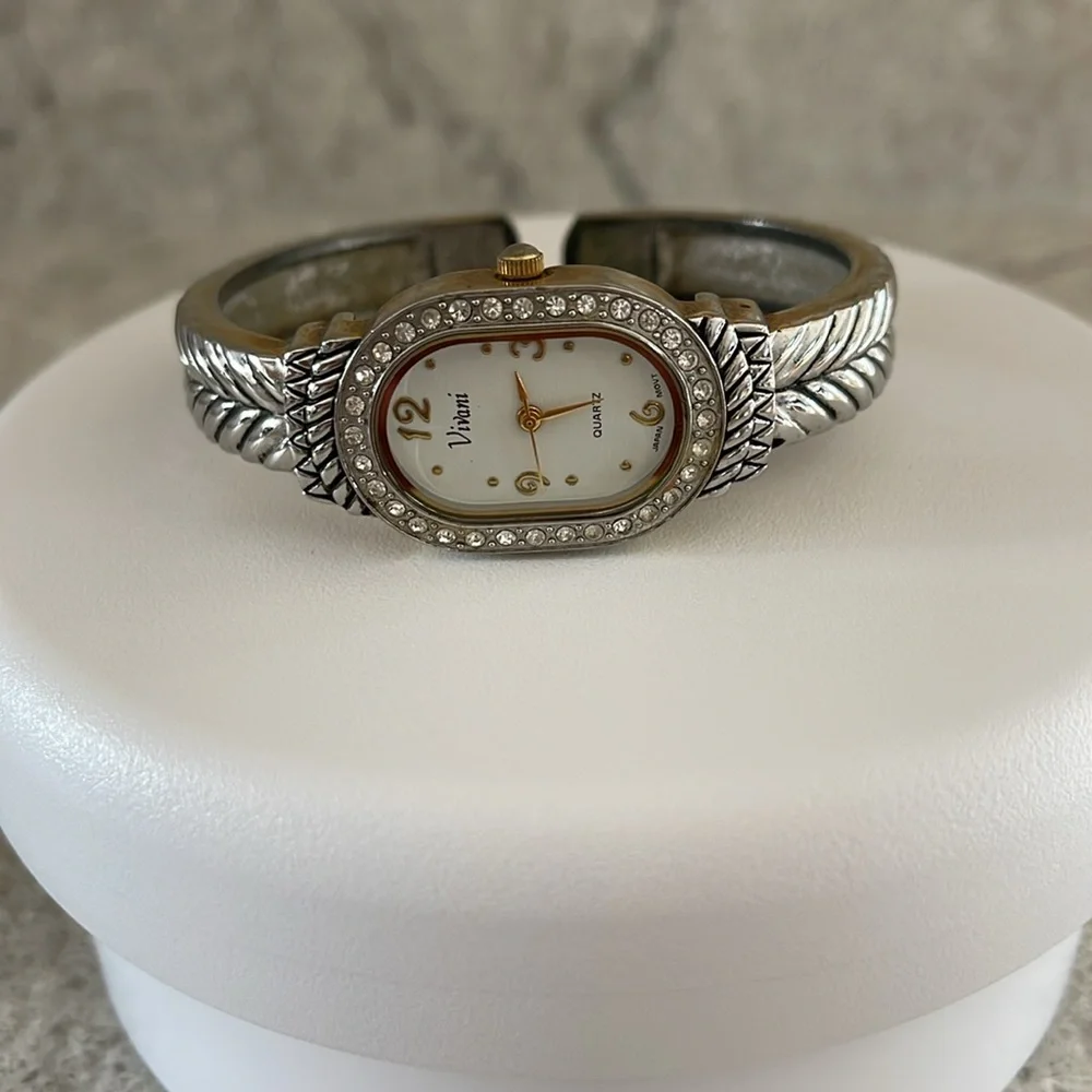 Vintage Bracelet Watch Silver Tone w/Gold Accent and White Crystal